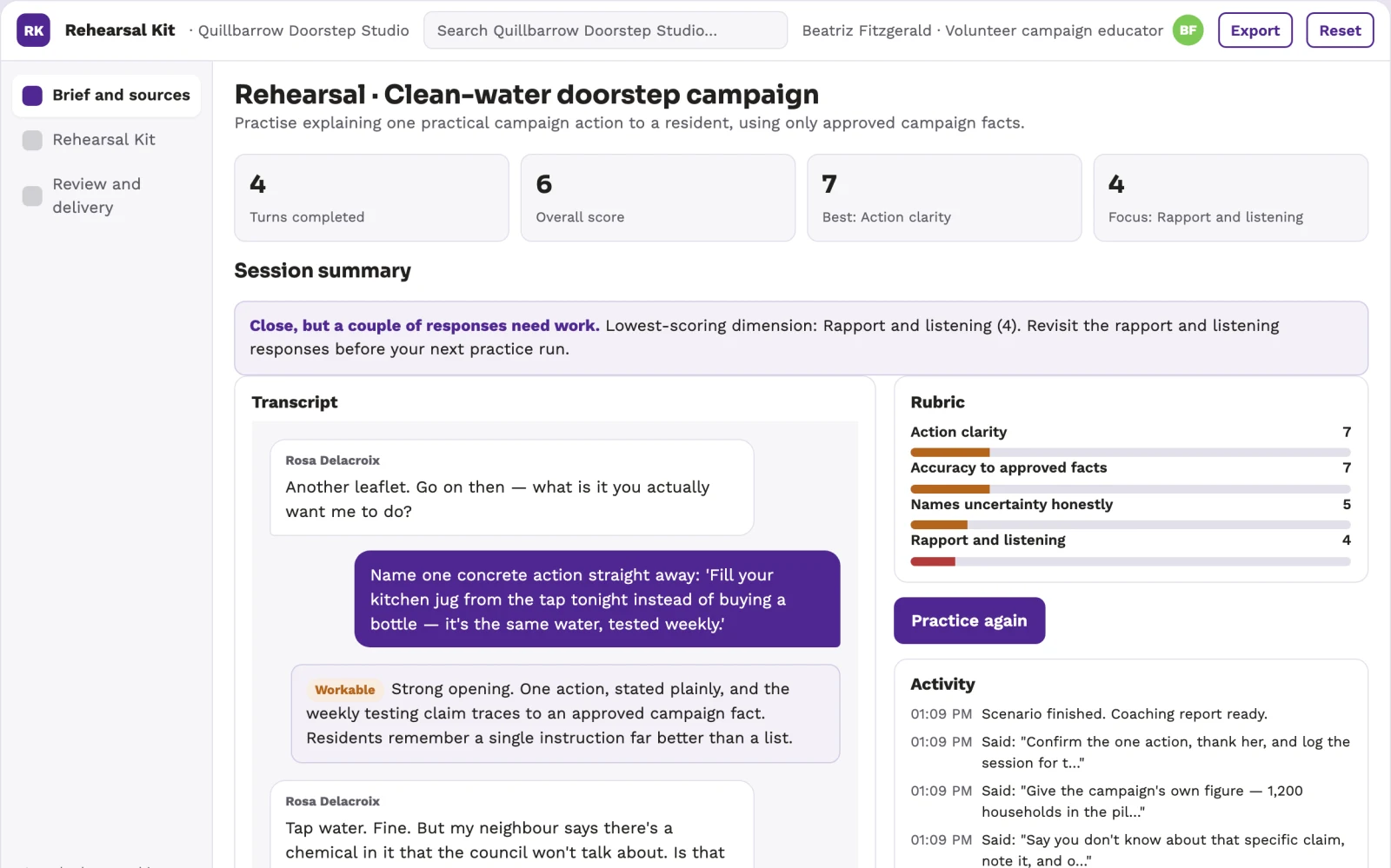 Screenshot of the Public service campaign rehearsal kit interactive demo