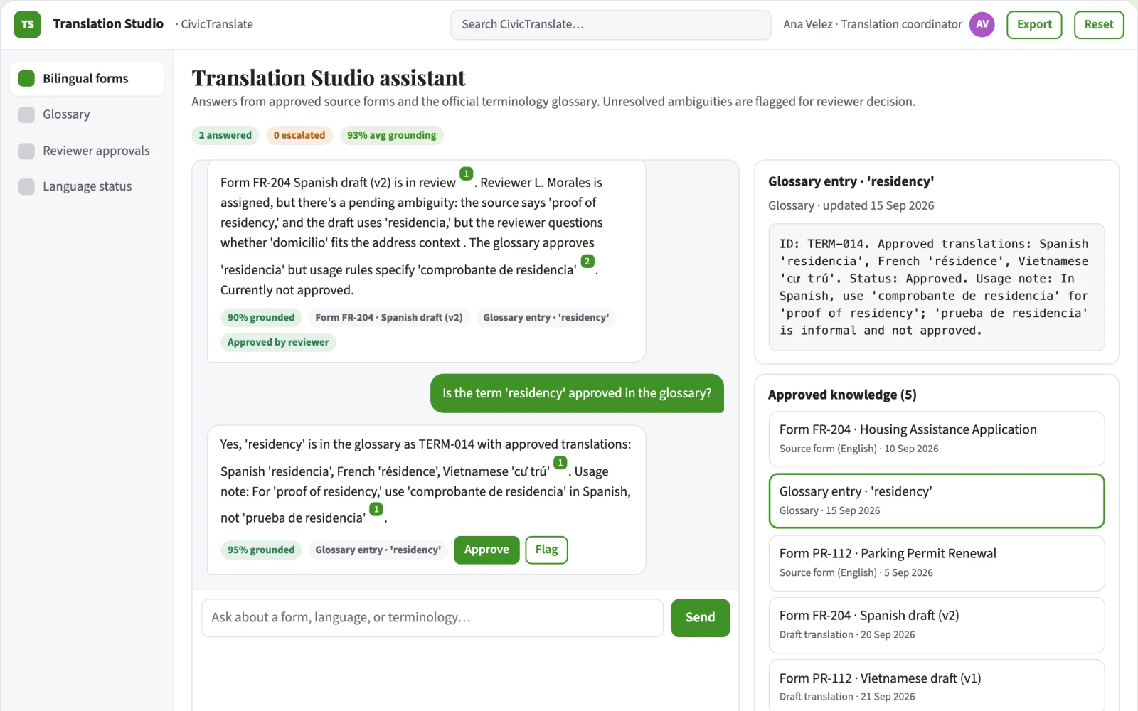 Demo screen of Public service translation studio
