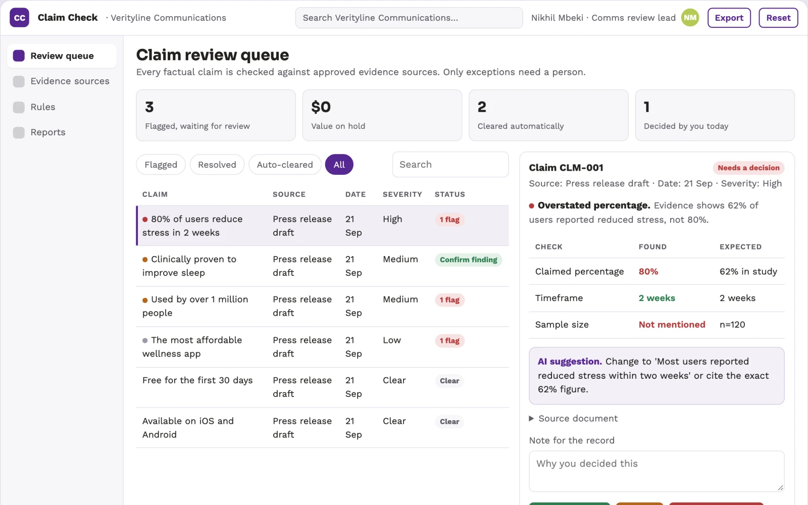 Demo screen of Public statement evidence checker