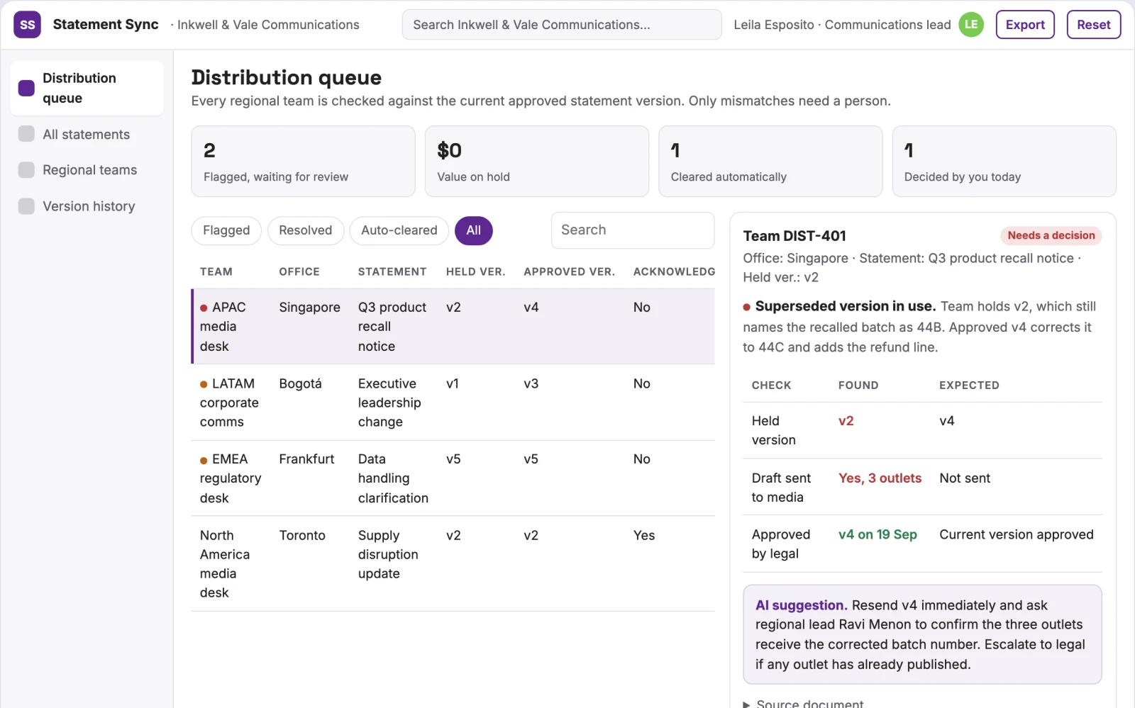 Screenshot of the Public statement version distributor interactive demo