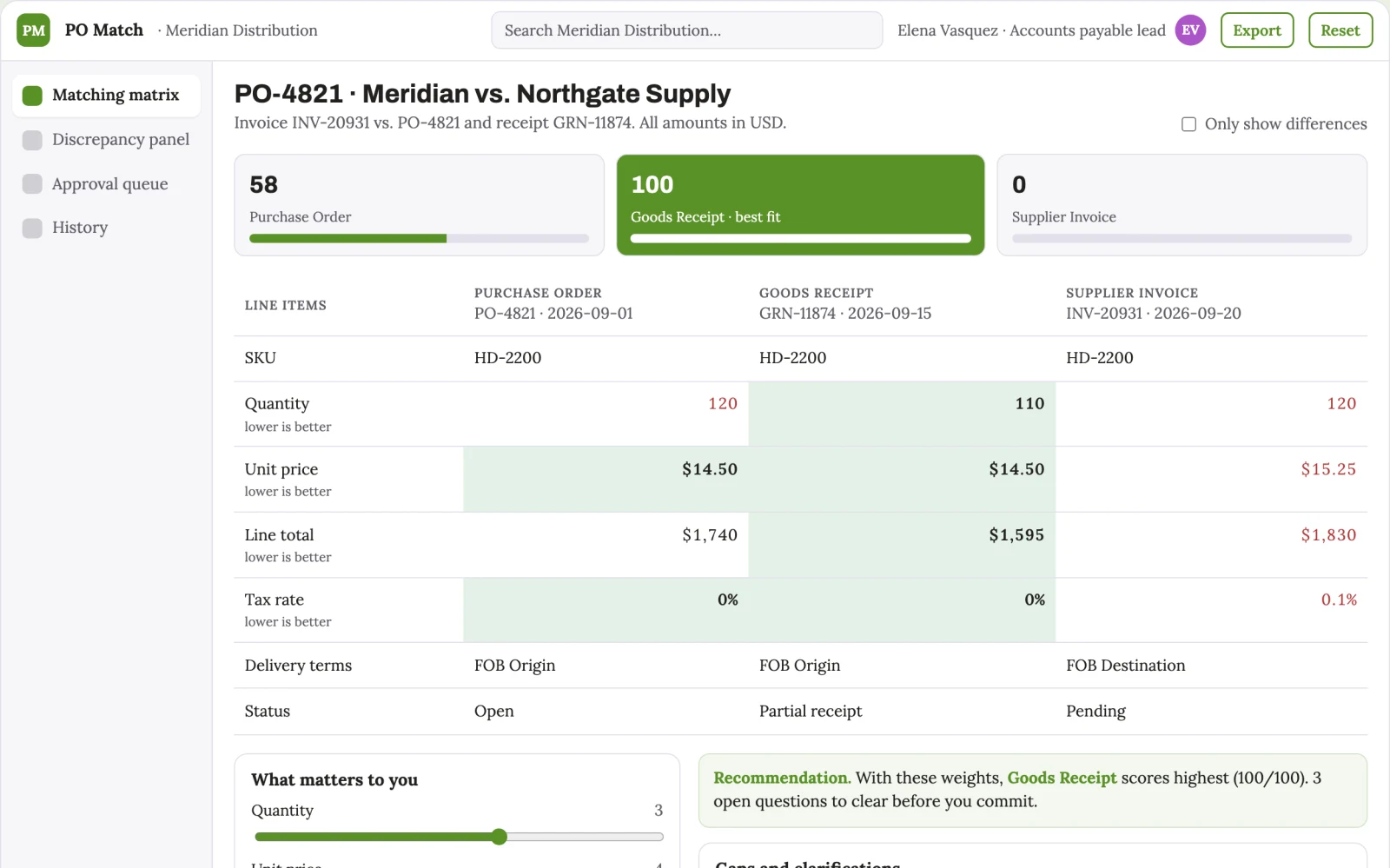 Demo screen of Purchase order matching assistant