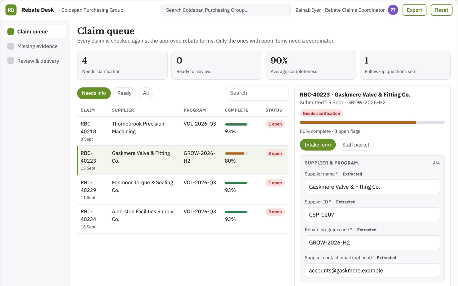 Screenshot of the Purchase rebate claim organizer interactive demo