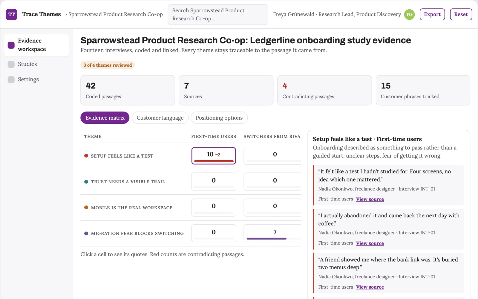 Screenshot of the Qualitative interview evidence synthesis workspace interactive demo