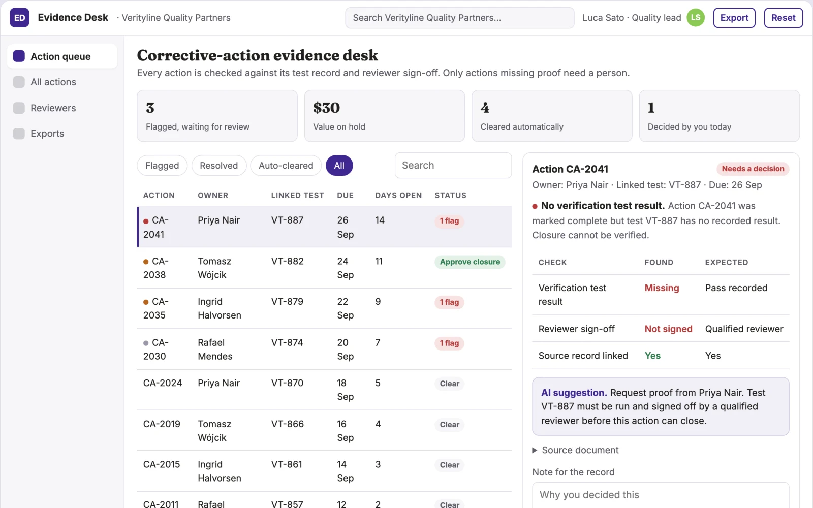 Screenshot of the Quality corrective-action evidence desk interactive demo