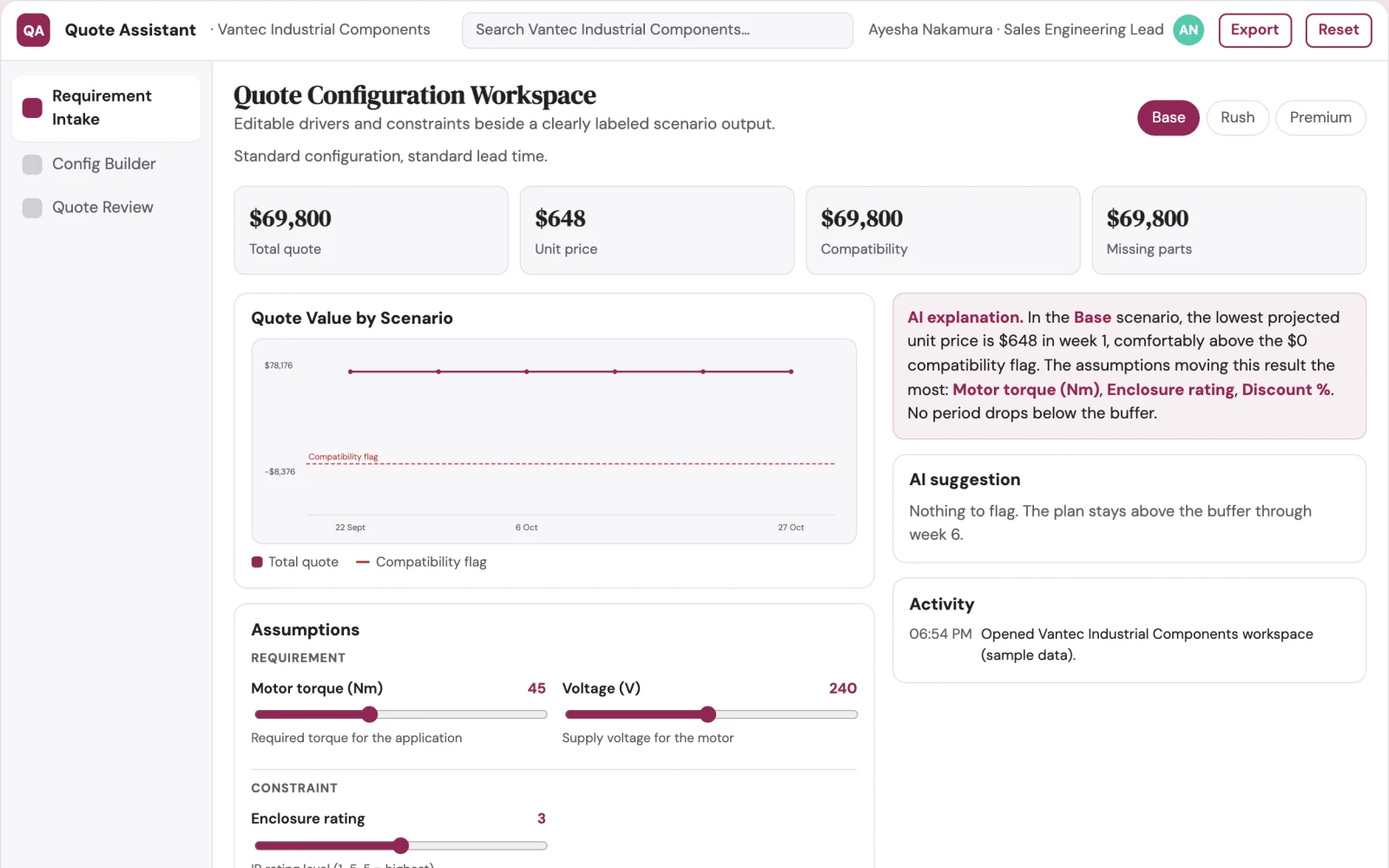 Demo screen of Quote configuration assistant