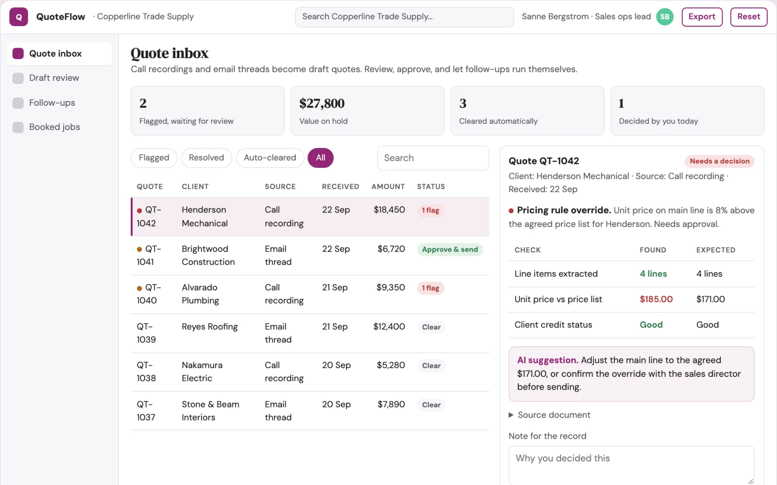 Demo screen of QuoteFlow Agent