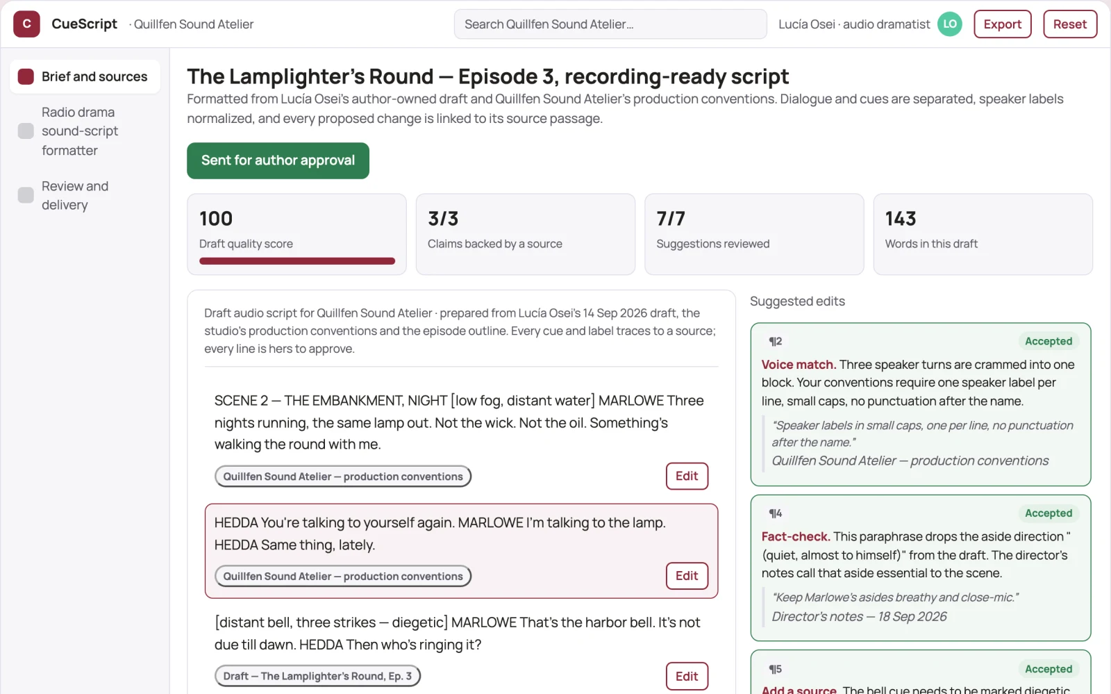 Screenshot of the Radio drama sound-script formatter interactive demo
