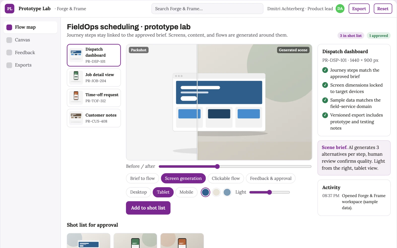 Demo screen of Rapid prototype studio