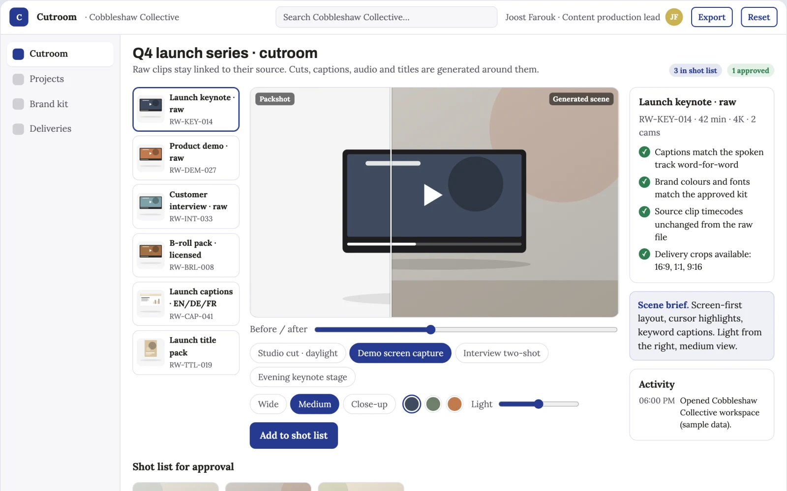 Screenshot of the Raw footage to captioned presentation production workbench interactive demo
