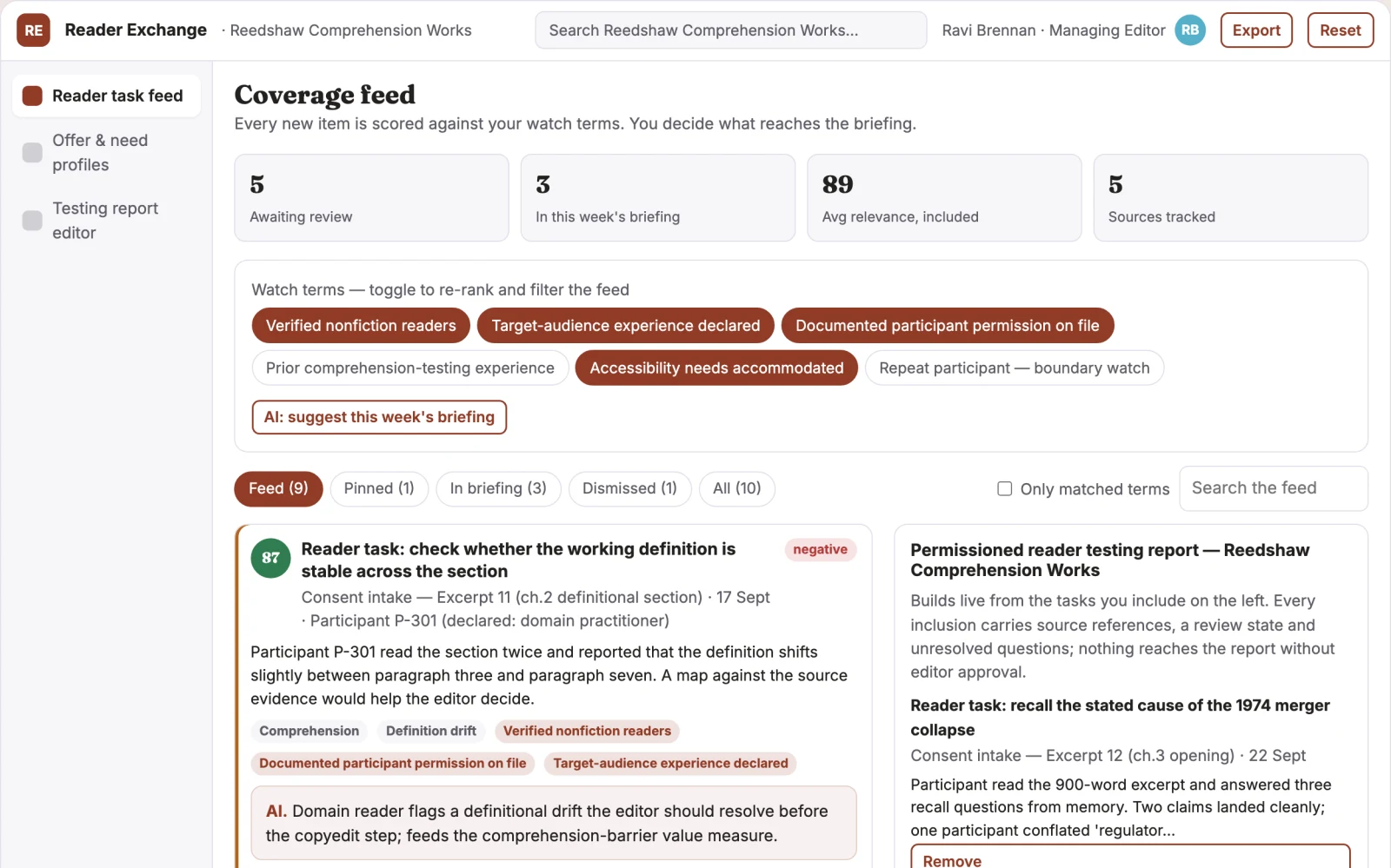 Screenshot of the Reader comprehension beta-testing exchange interactive demo