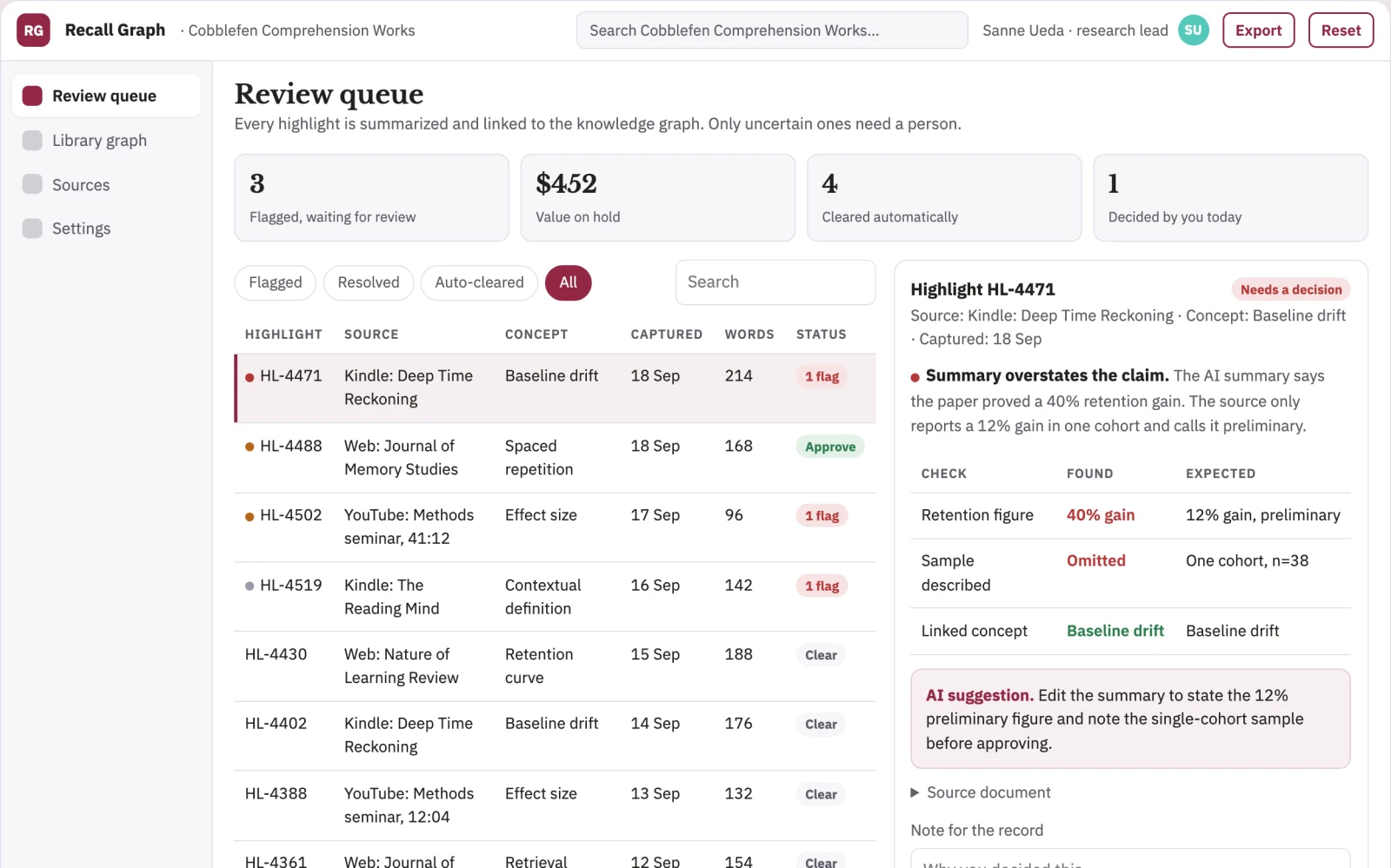 Screenshot of the Reading highlight retention and knowledge graph console interactive demo