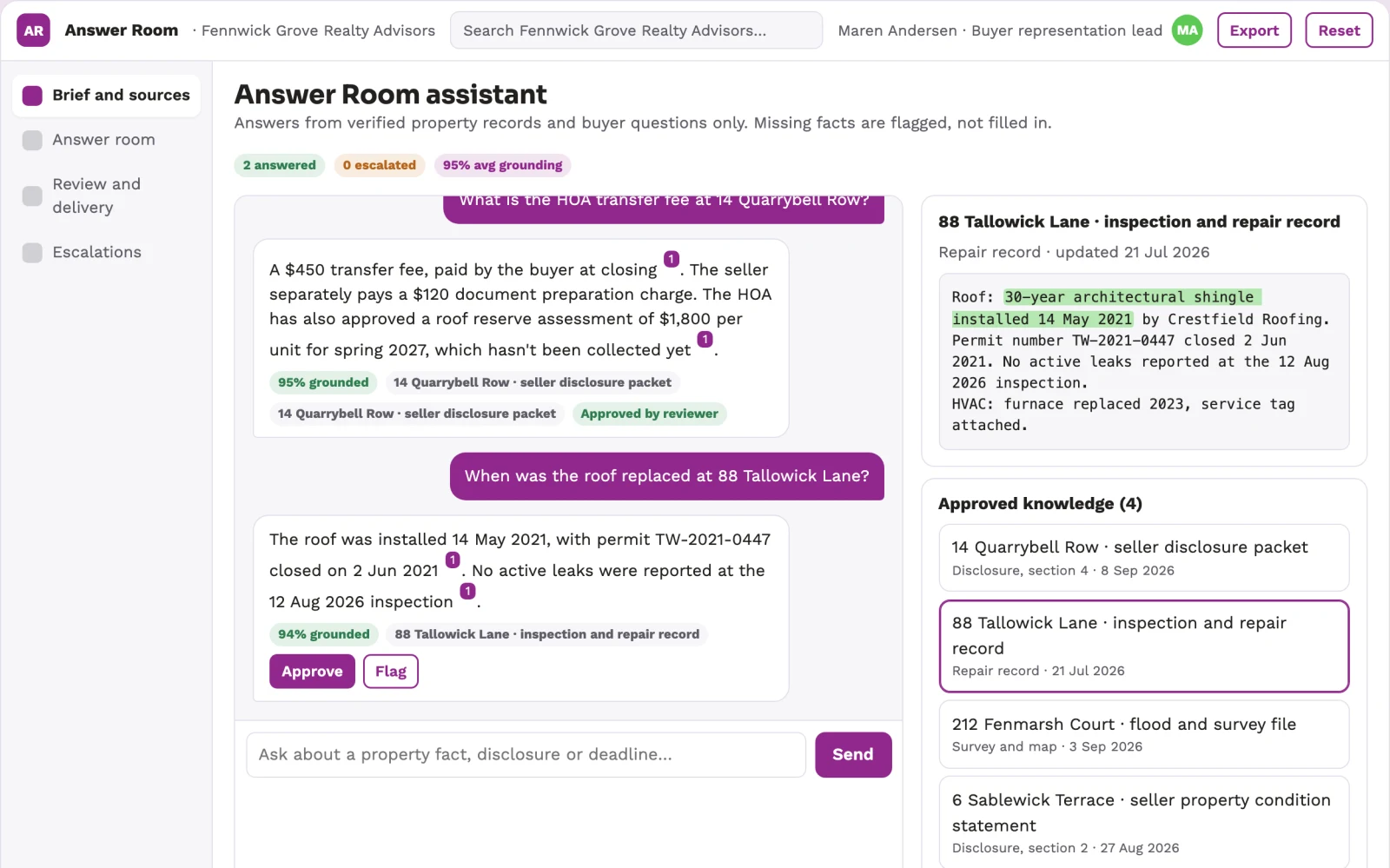 Screenshot of the Real estate buyer-question evidence room interactive demo