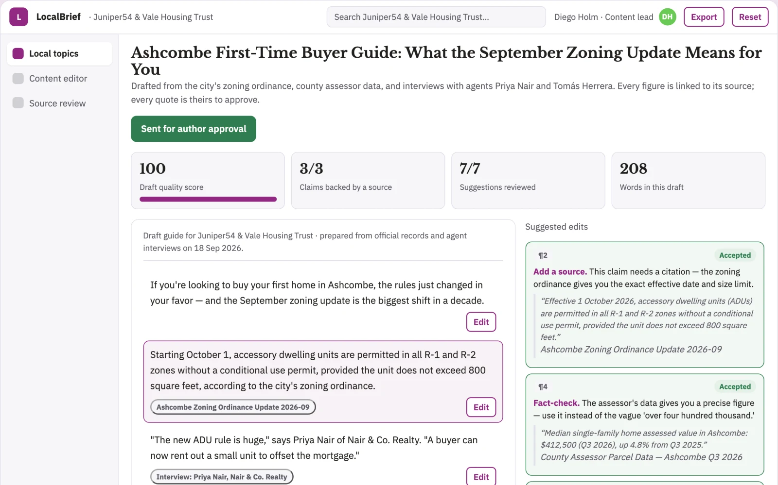 Demo screen of Real estate content subscription