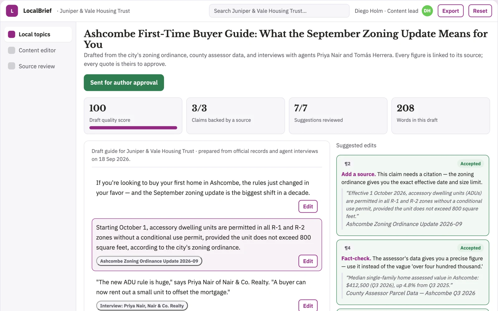 Screenshot of the Real estate content subscription interactive demo