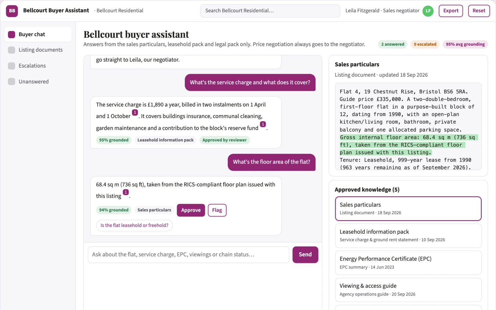Screenshot of the Real estate inquiry assistant interactive demo