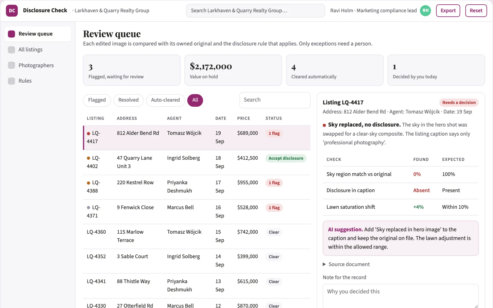 Screenshot of the Real estate photography disclosure checker interactive demo
