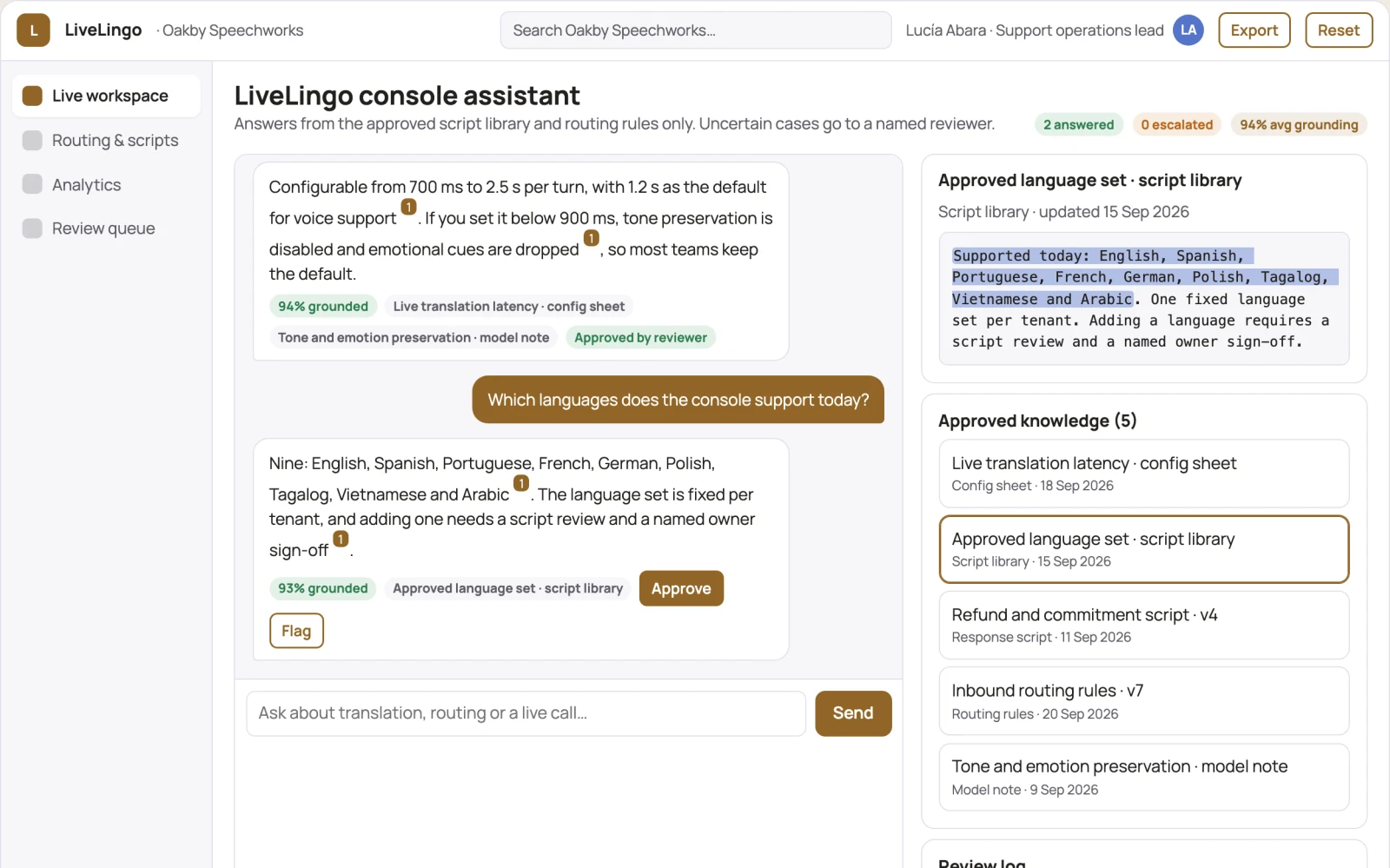Screenshot of the Real-time multilingual voice support console interactive demo