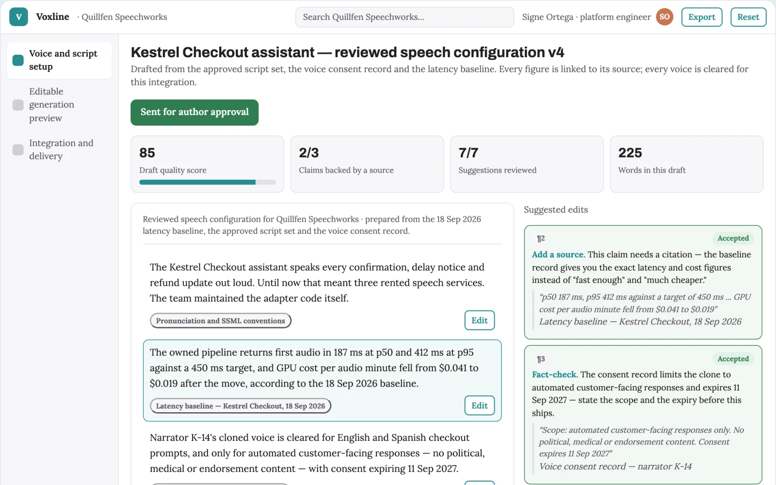 Screenshot of the Real-time speech generation and voice control workspace interactive demo