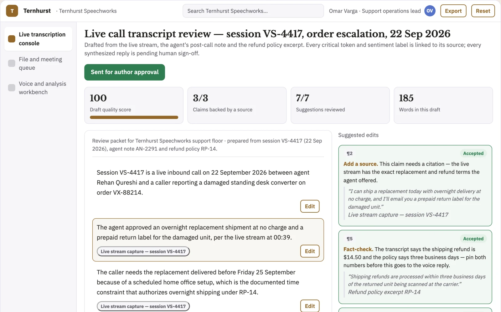 Screenshot of the Real-time speech transcription and voice workspace interactive demo