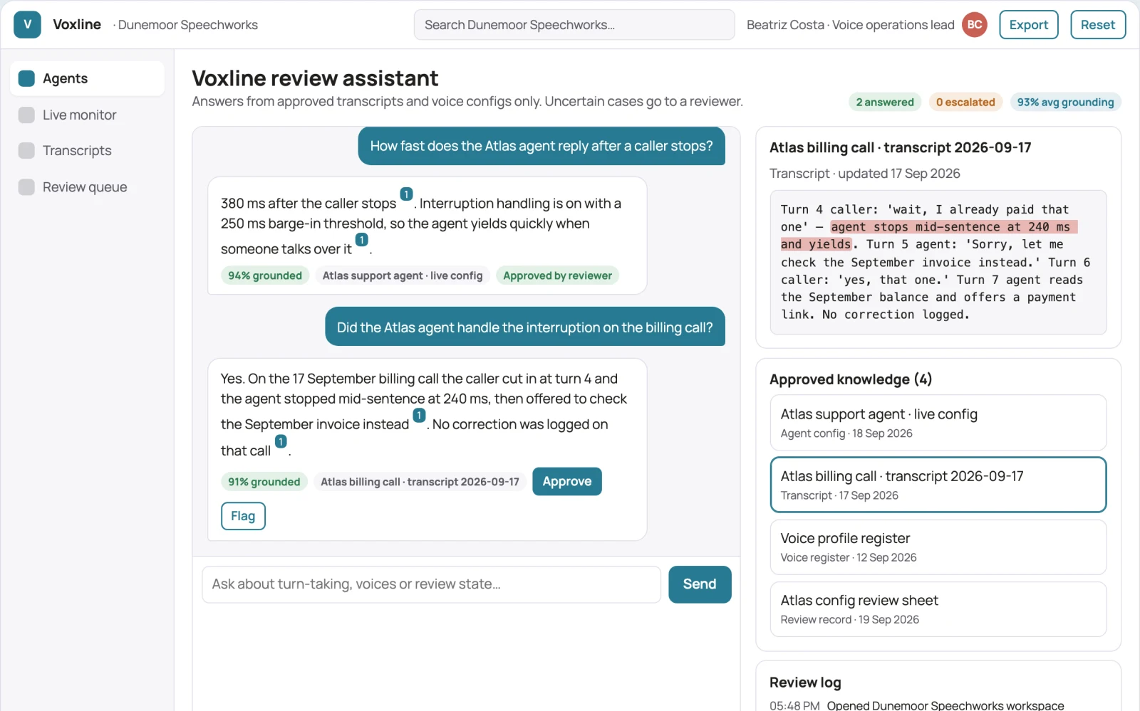 Screenshot of the Real-time voice agent operations console interactive demo