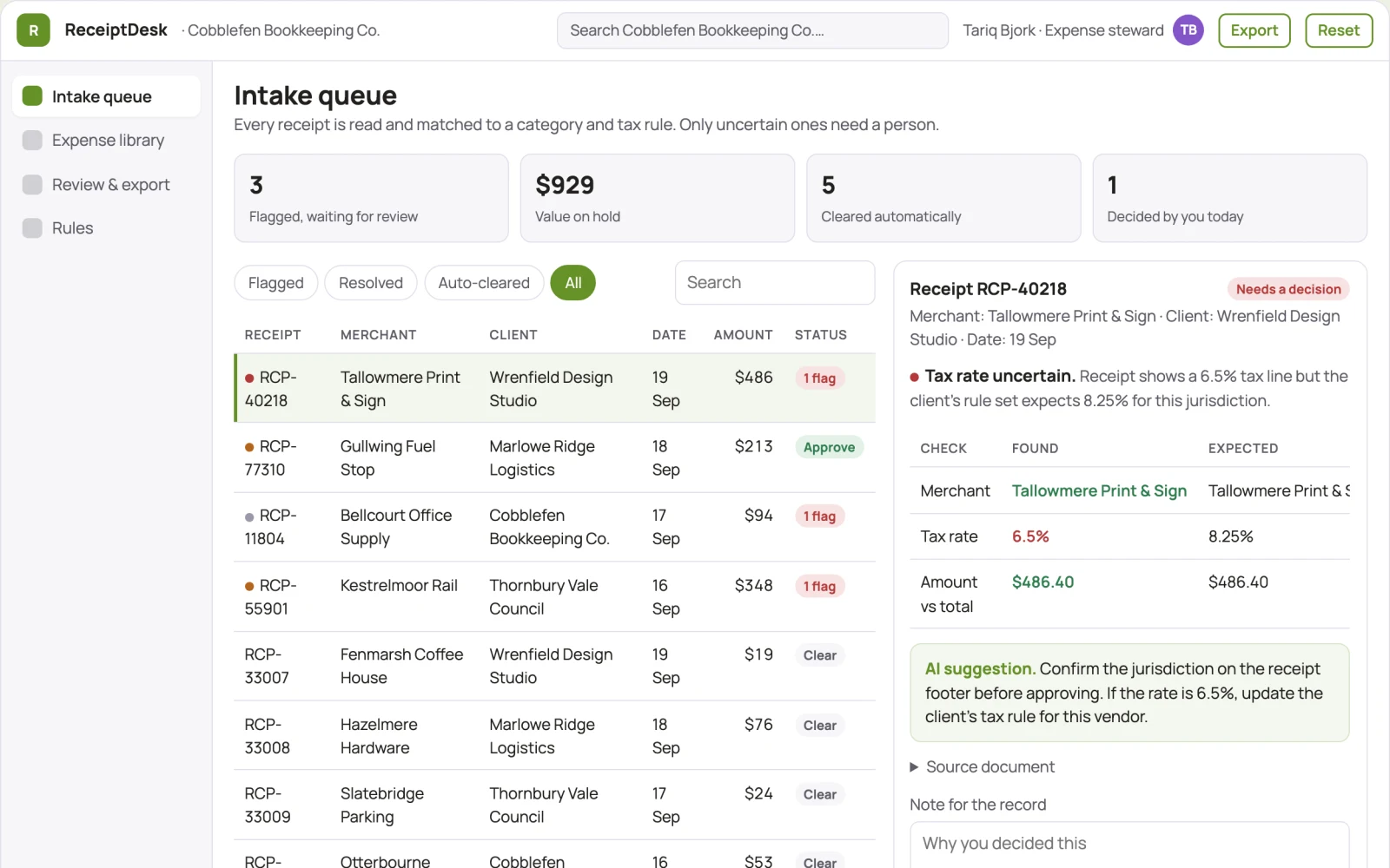 Screenshot of the Receipt capture and expense data stewardship console interactive demo