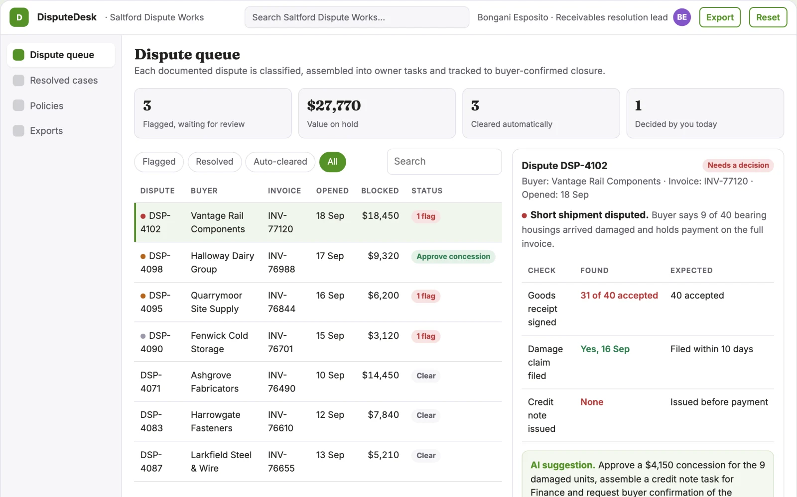 Screenshot of the Receivables dispute-to-cash resolver interactive demo
