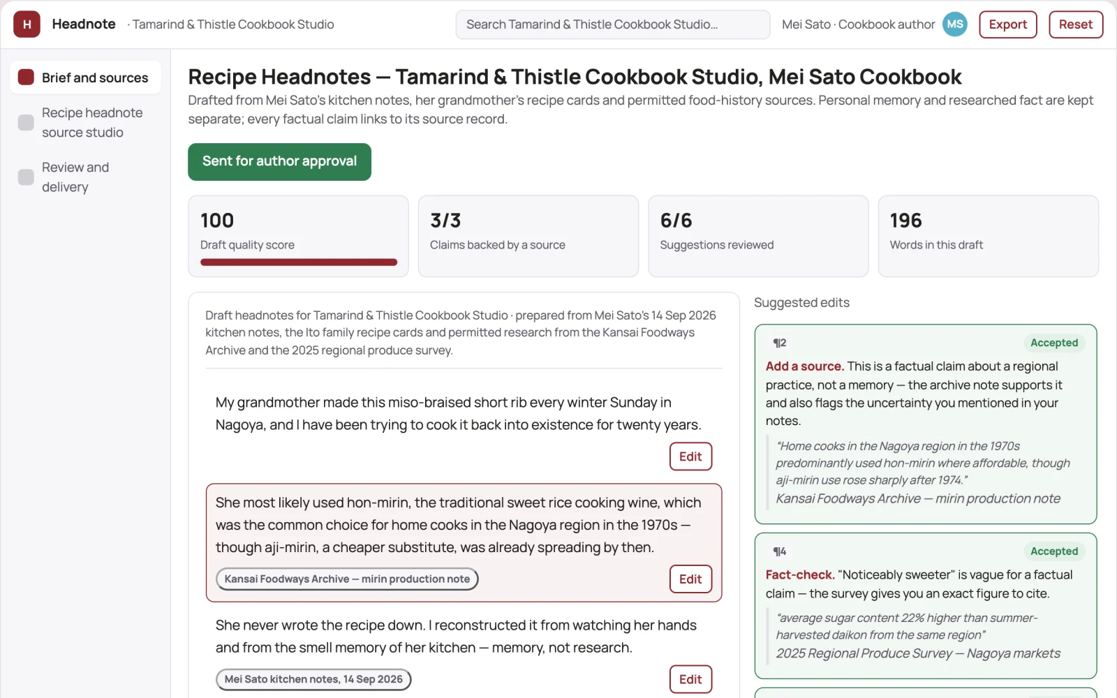 Screenshot of the Recipe headnote source studio interactive demo