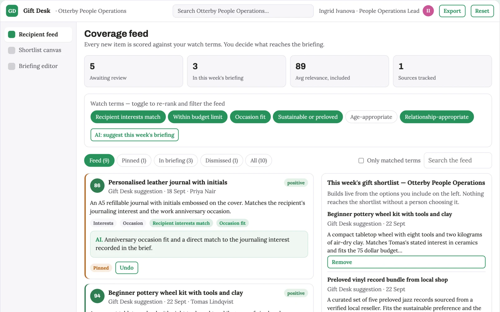 Screenshot of the Recipient-aware gift shortlist workbench interactive demo
