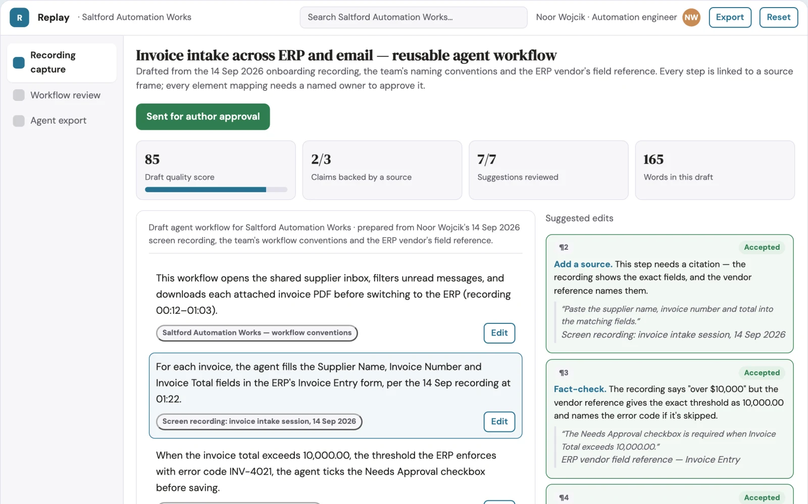 Screenshot of the Recorded task to reusable agent workbench interactive demo