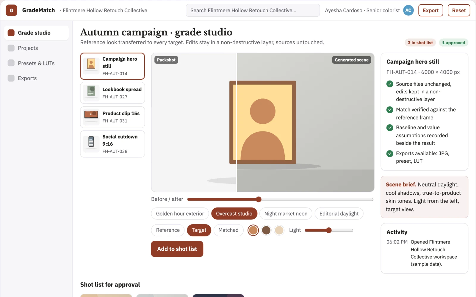 Screenshot of the Reference-driven color transfer and grade export studio interactive demo