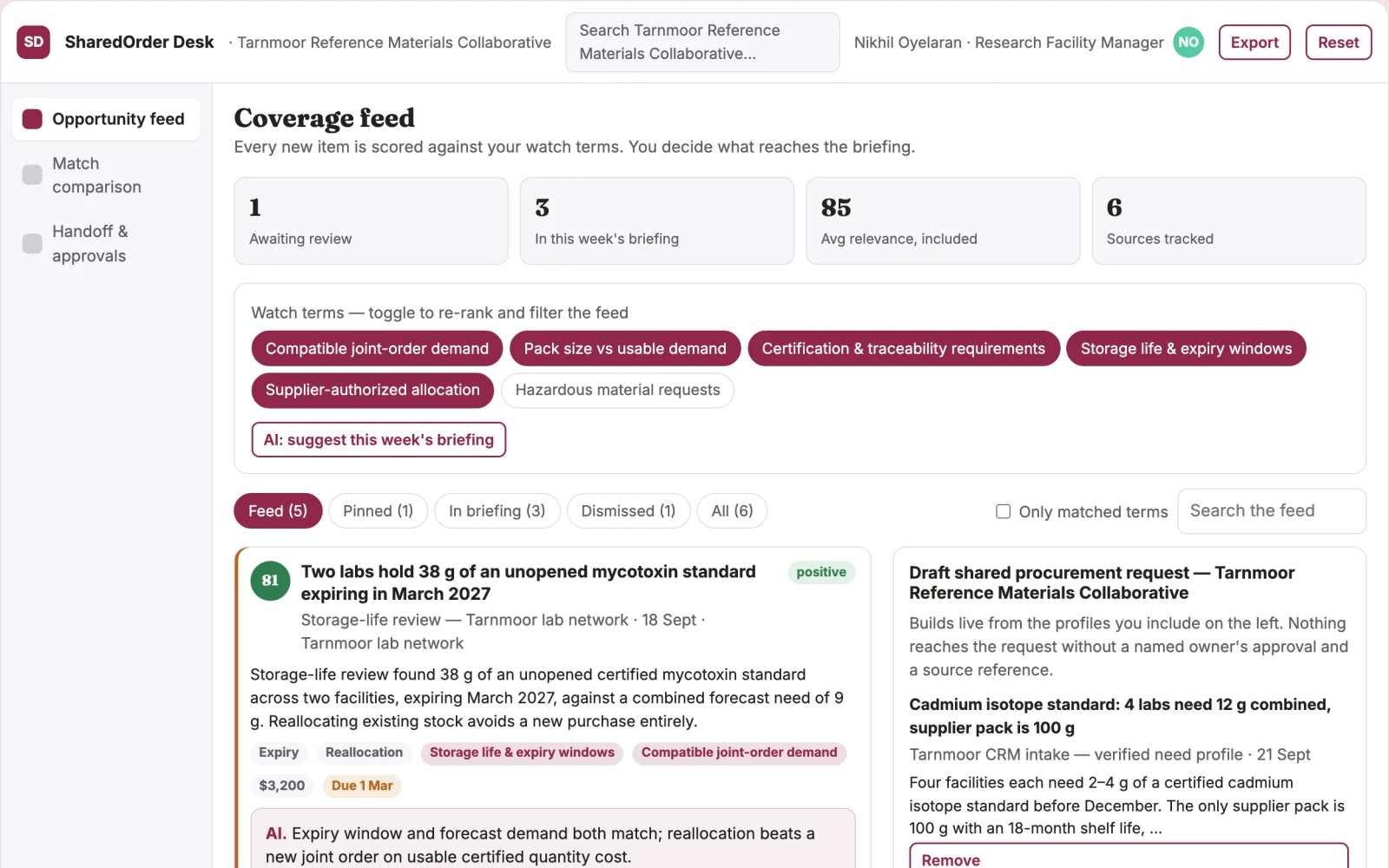 Screenshot of the Reference material shared-order coordinator interactive demo
