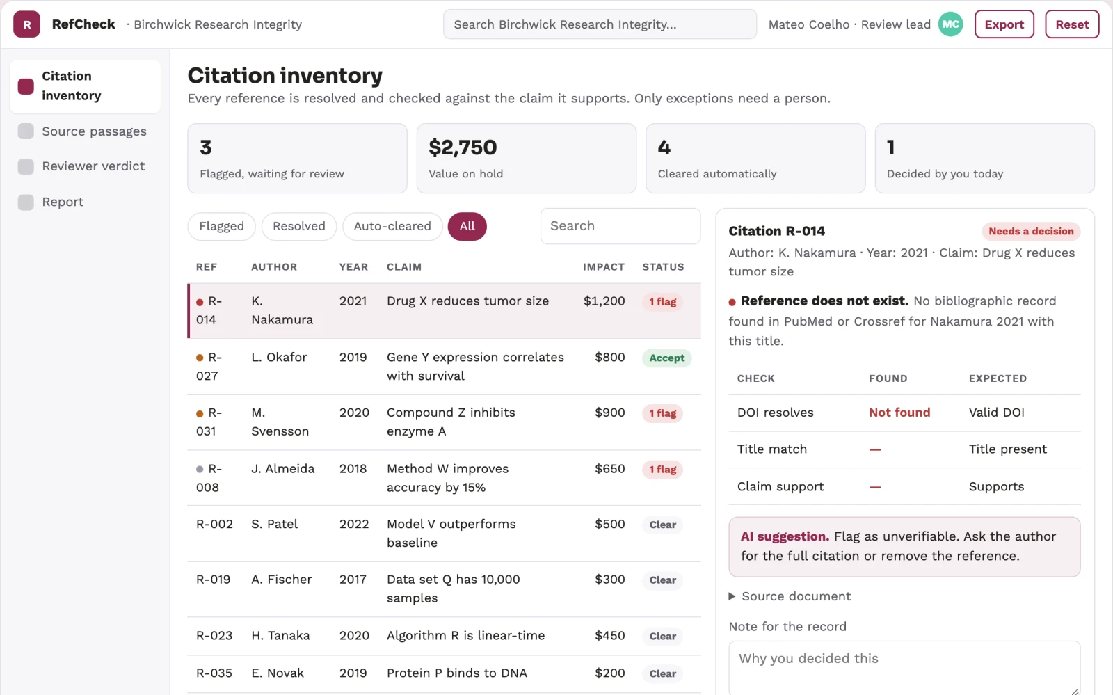 Screenshot of the Reference verification service interactive demo