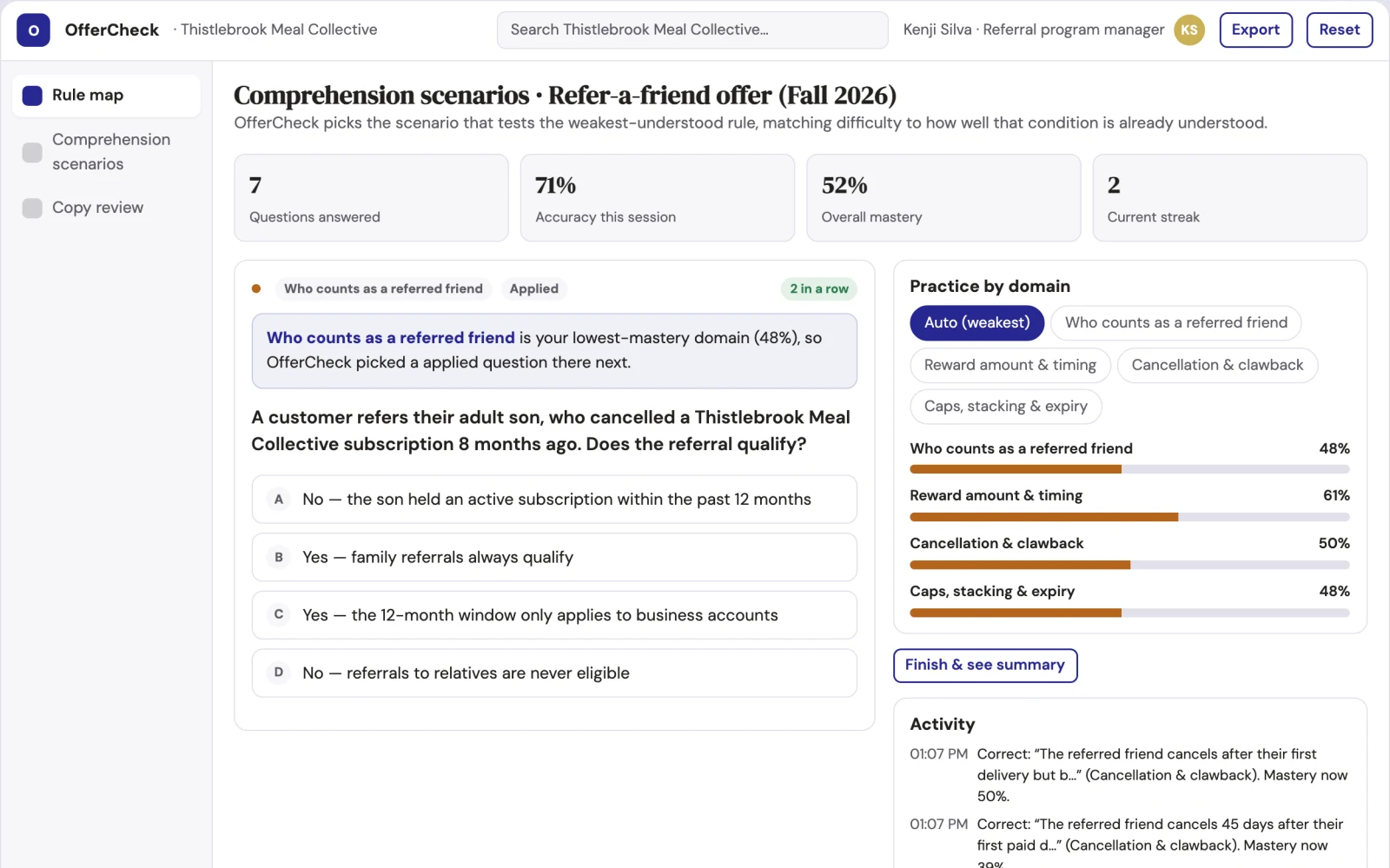Screenshot of the Referral program explanation tester interactive demo