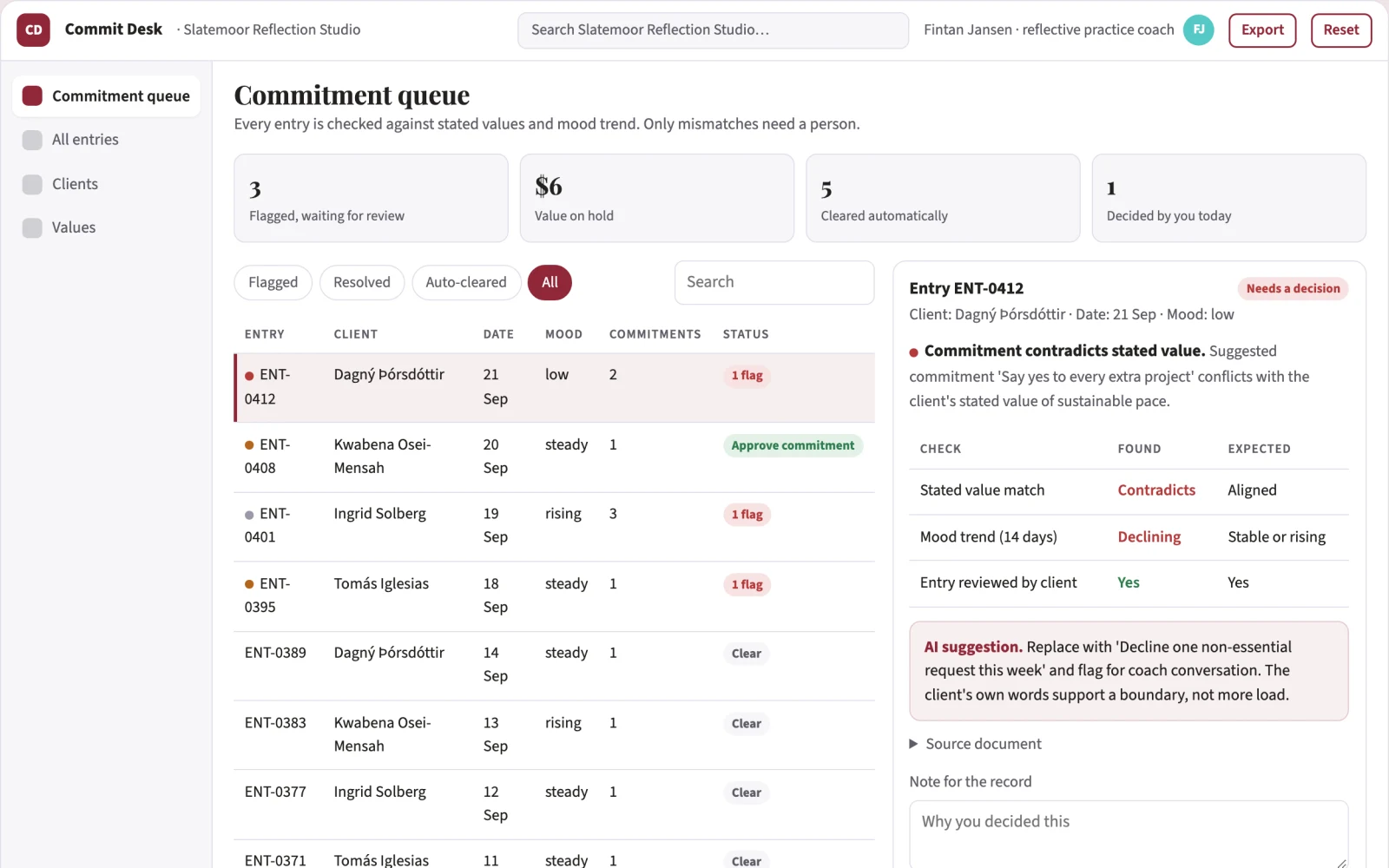 Screenshot of the Reflective journaling and action commitment workbench interactive demo
