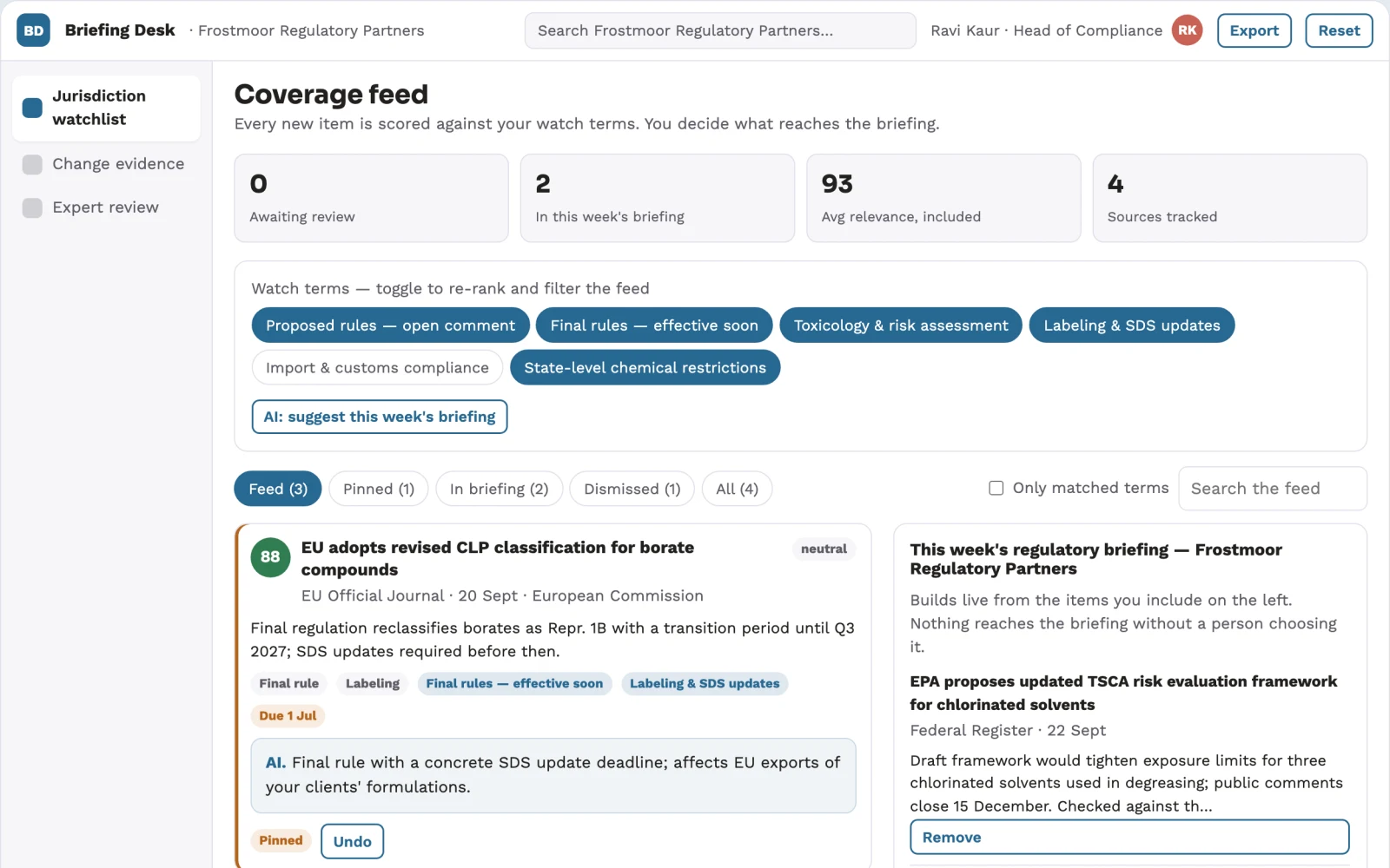 Screenshot of the Regulatory update briefing interactive demo