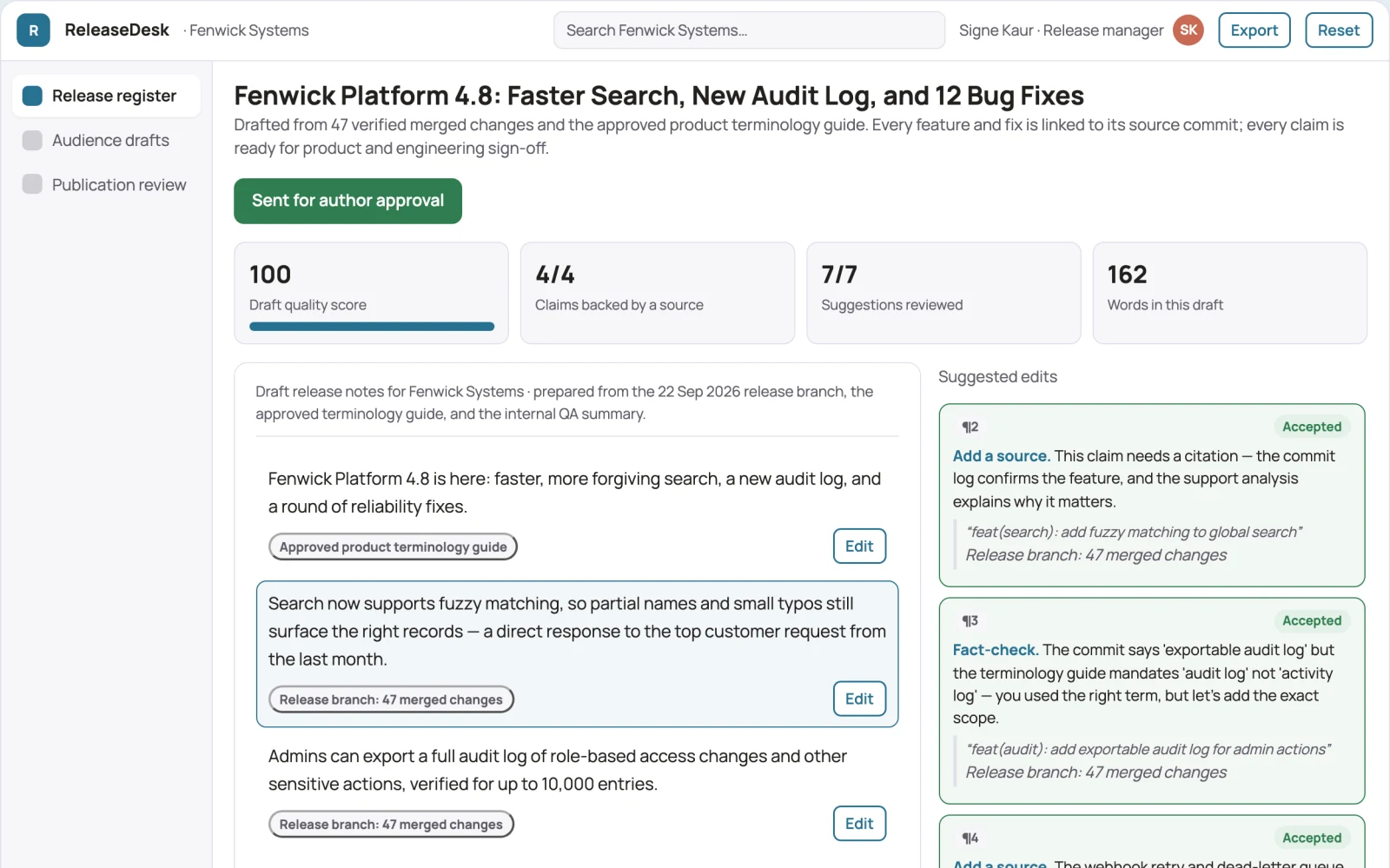 Demo screen of Release communication platform