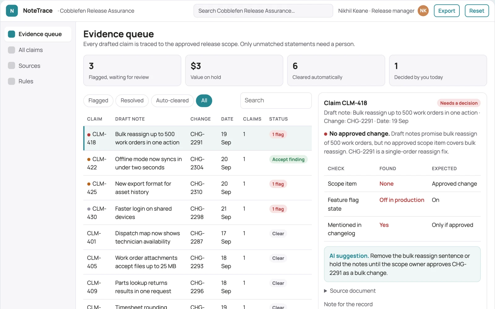 Screenshot of the Release note evidence validator interactive demo