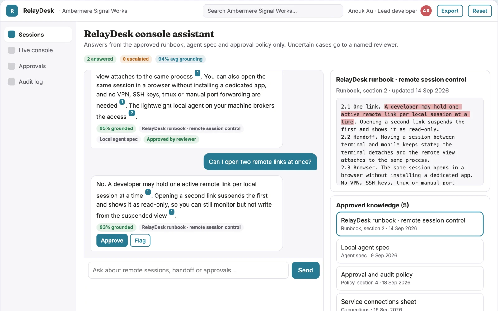 Screenshot of the Remote coding session control console interactive demo