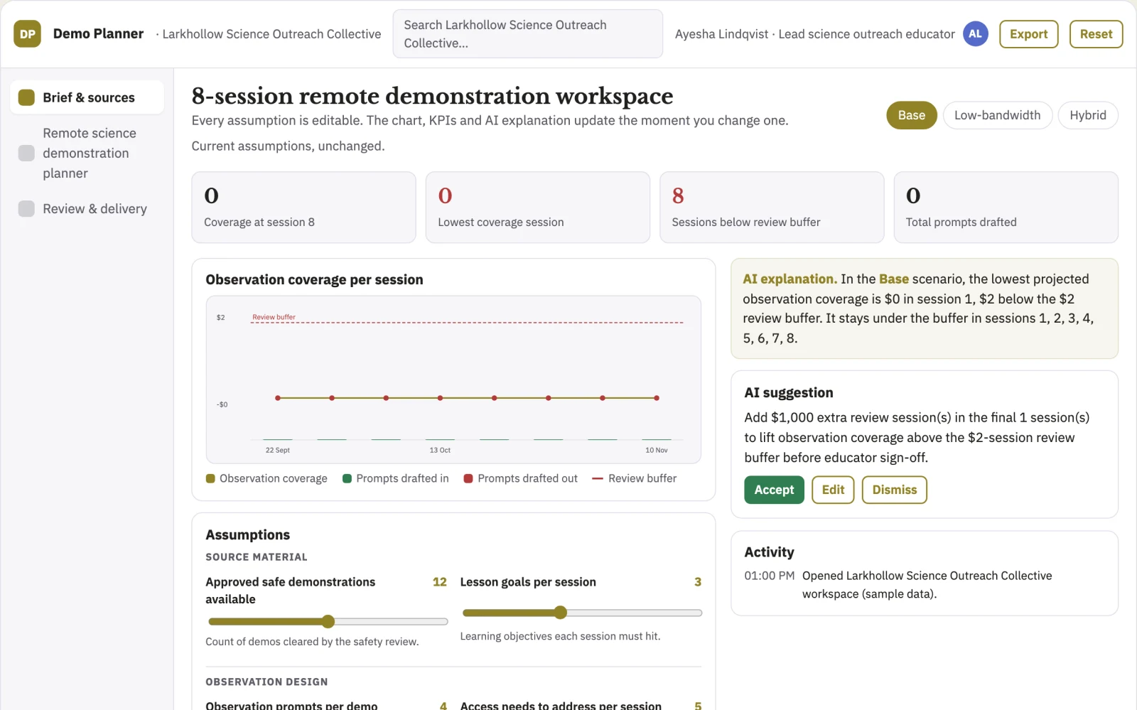 Screenshot of the Remote science demonstration planner interactive demo