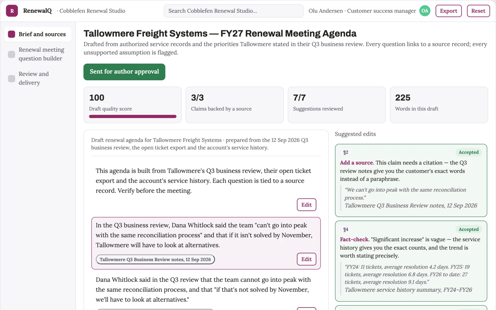 Screenshot of the Renewal meeting question builder interactive demo