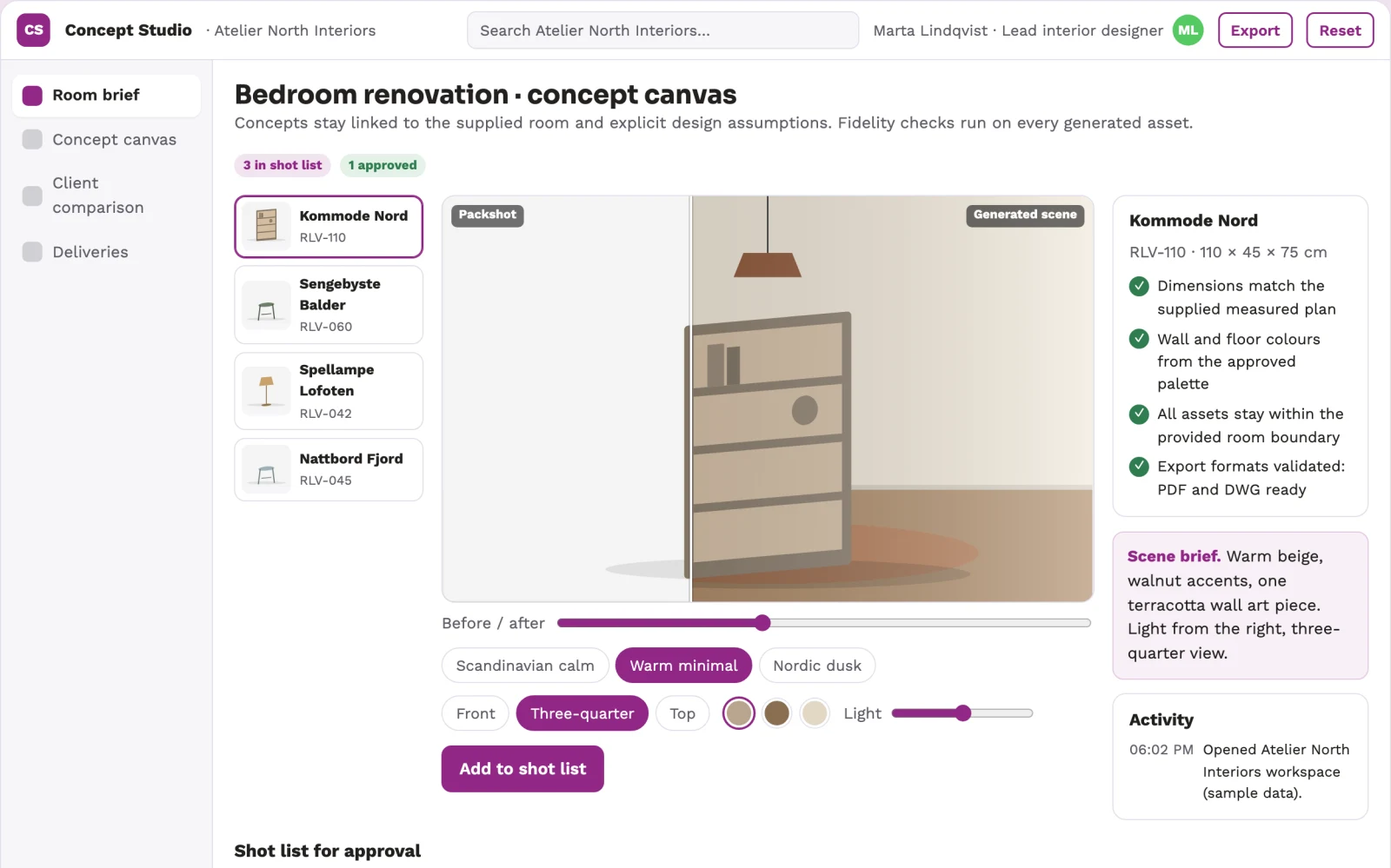 Demo screen of Renovation concept studio