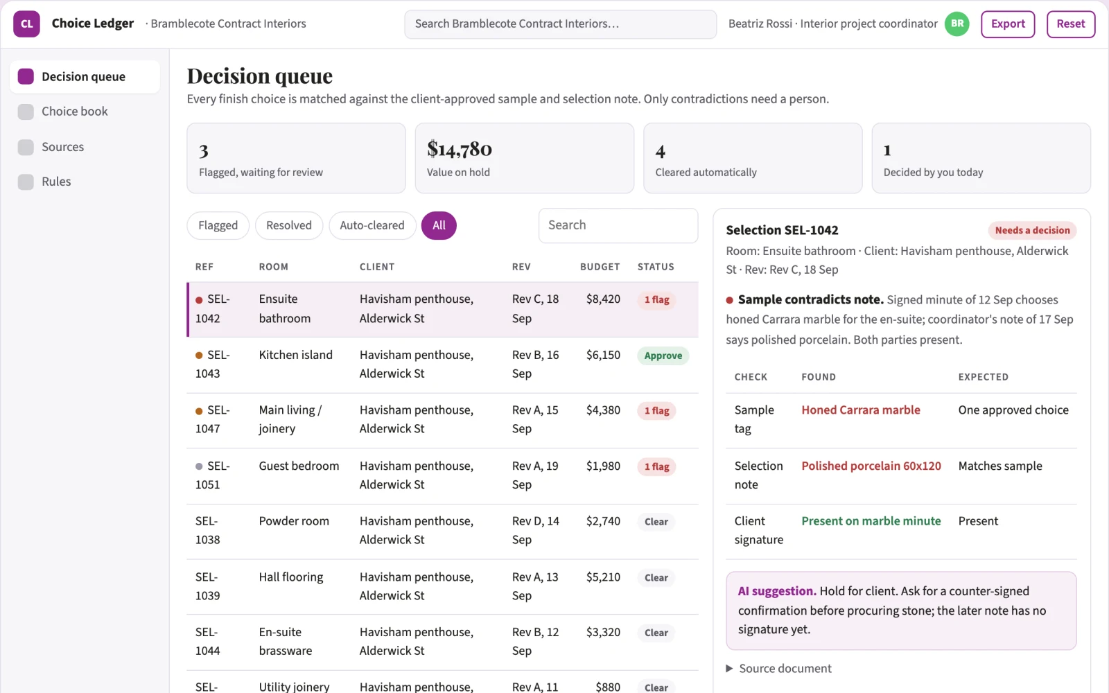 Screenshot of the Renovation material choice decision book interactive demo