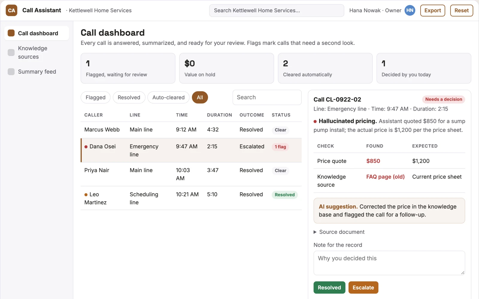 Demo screen of Always-On Call Assistant
