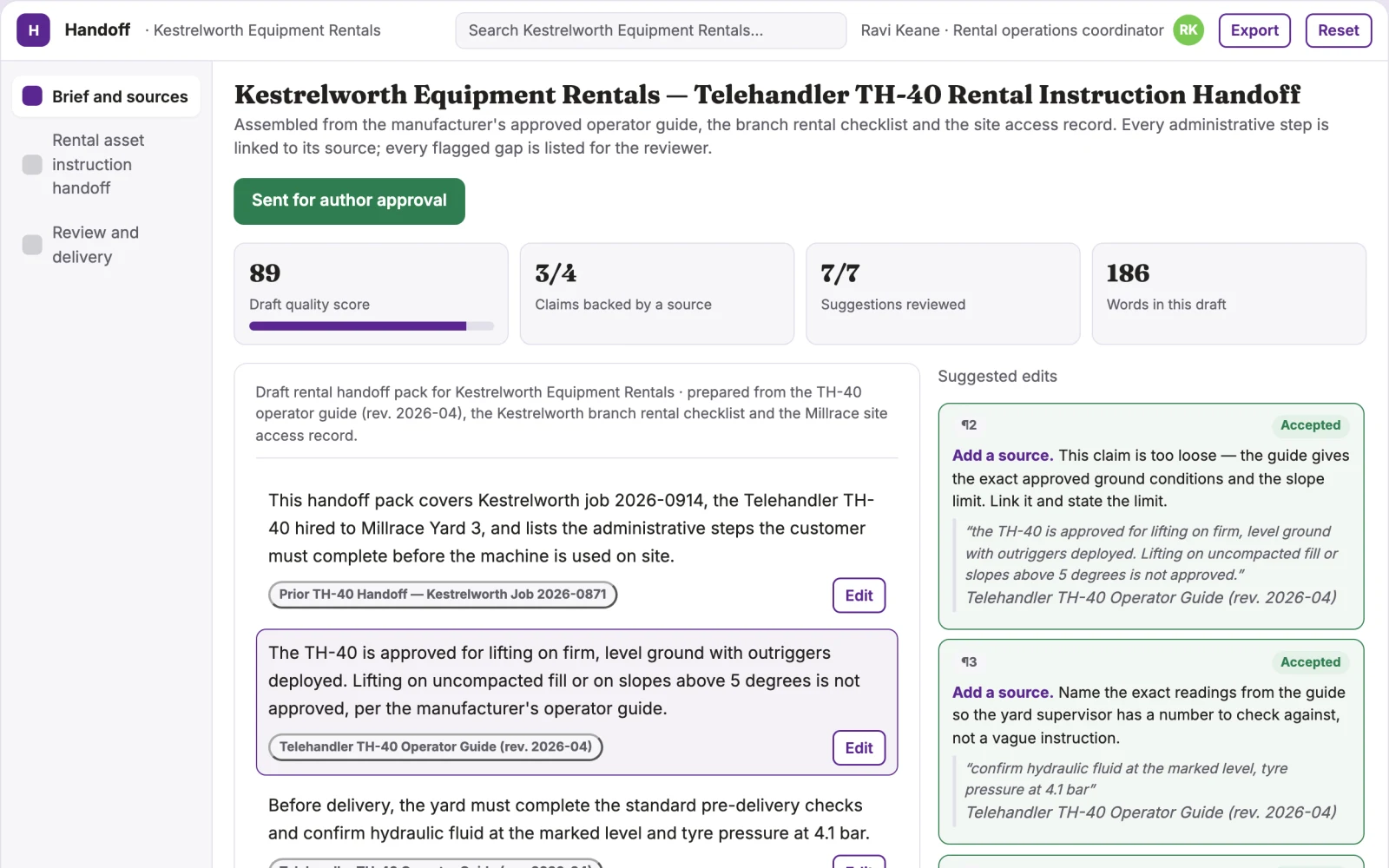 Screenshot of the Rental asset instruction handoff interactive demo