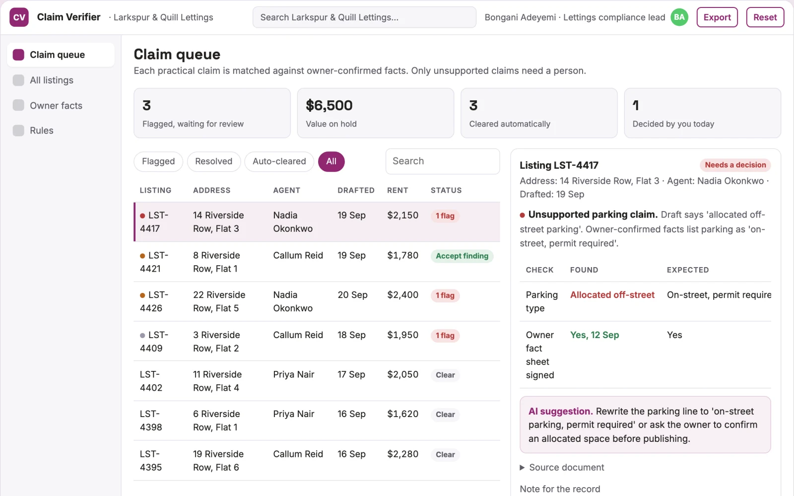 Screenshot of the Rental marketing claim verifier interactive demo