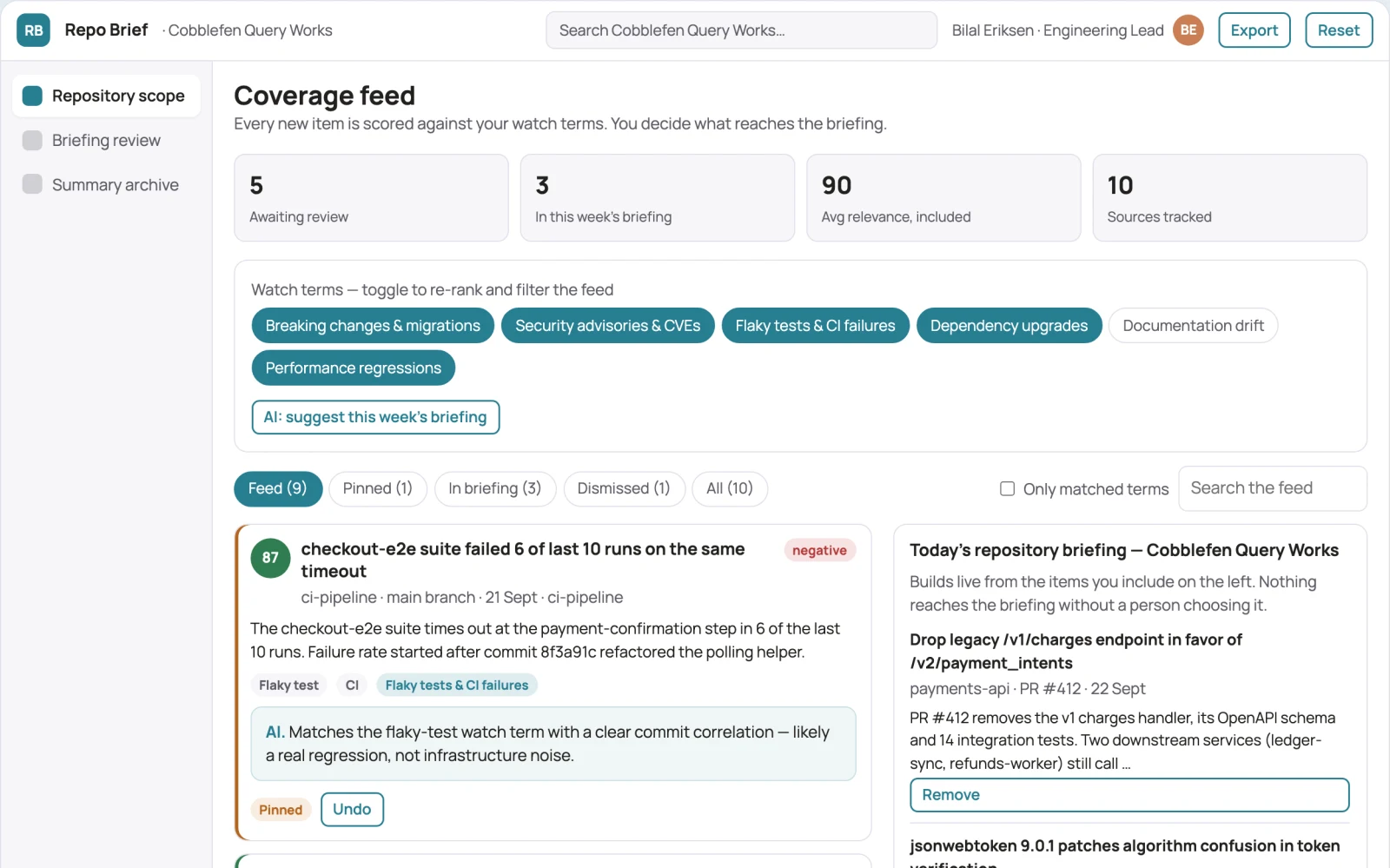 Screenshot of the Repository activity summary and briefing subscription interactive demo