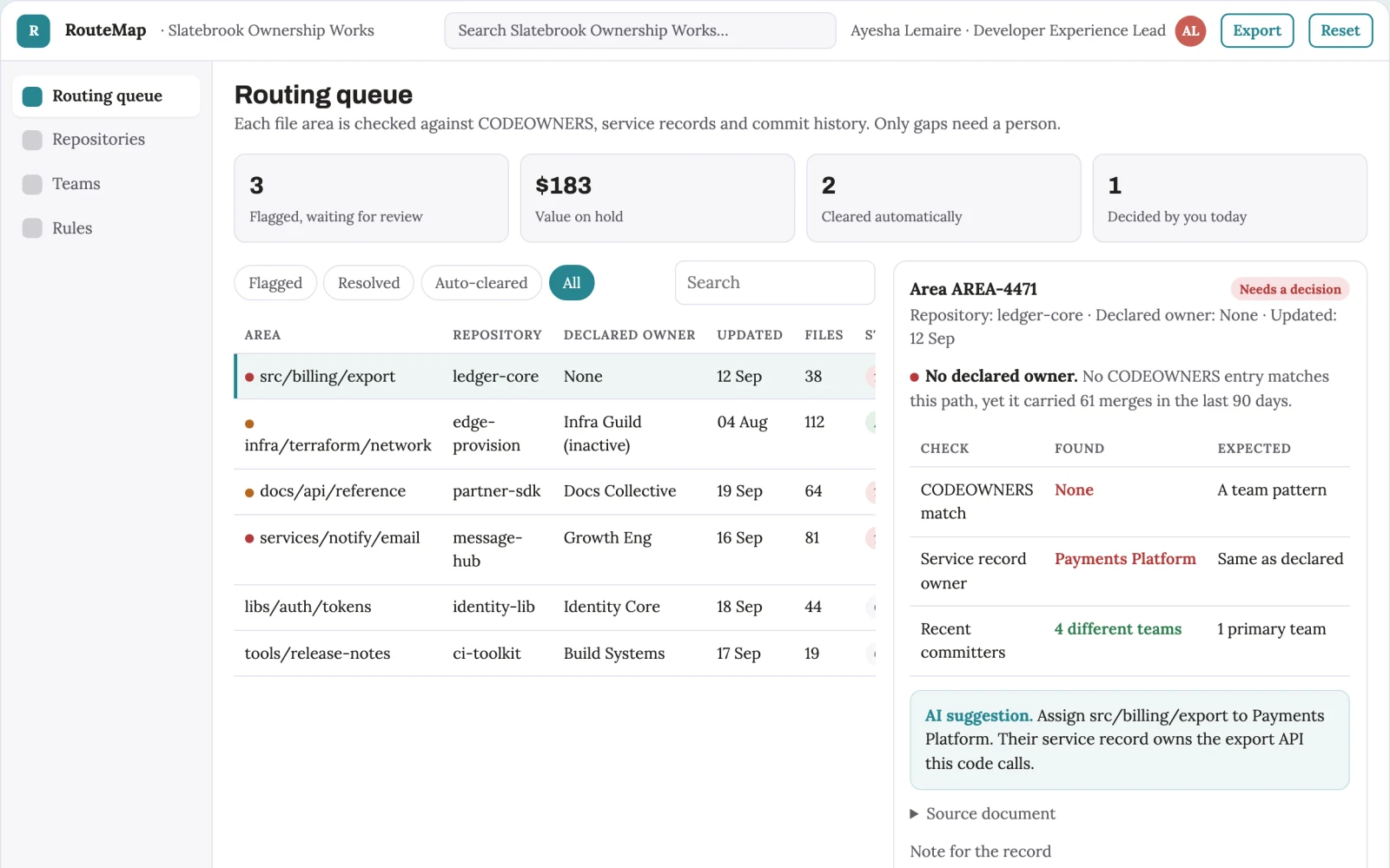 Screenshot of the Repository ownership routing assistant interactive demo