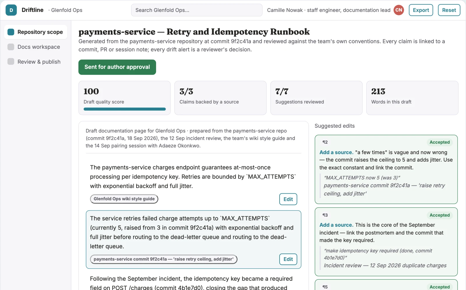 Screenshot of the Repository-synced technical documentation workbench interactive demo