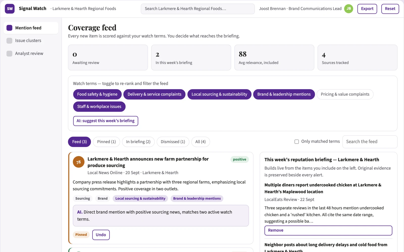 Screenshot of the Reputation issue detection interactive demo