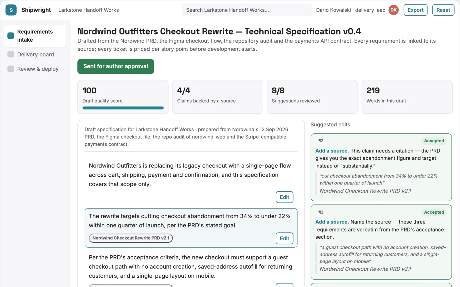 Screenshot of the Requirements-to-deployment AI delivery workspace interactive demo